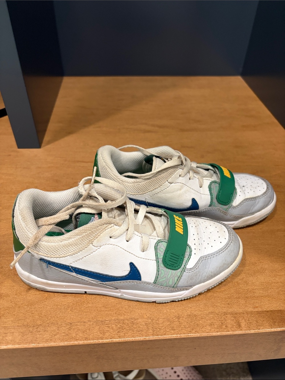 Nike Kids White Sneakers with Green Strap and Blue Swoosh 2y Air Jordans
